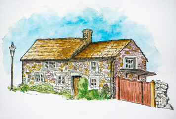 Watercolor painting of an English cottage village house.	