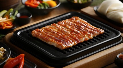 Grilled Fish Fillet on Hot Plate with Colorful Vegetables on Side