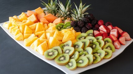 Colorful and Refreshing Fruit Platter: A Delightful Mix of Pineapple, Cantaloupe, Kiwi, Strawberries, and Blackberries