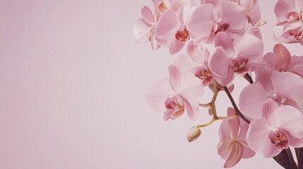 Fototapeta premium An elegant cascade of pink orchids against a muted lavender background, artistic close-up shot, Minimalist style