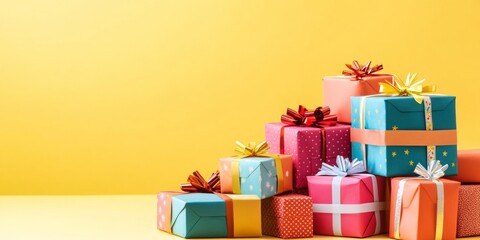 Festive Backdrop With a Pile Of Colorful Presents, Birthday Party Concept, Gifts With Ribbon And Bow, Copy Space