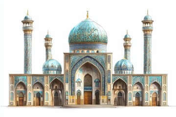 Ornate mosque, turquoise domes, intricate detailing.