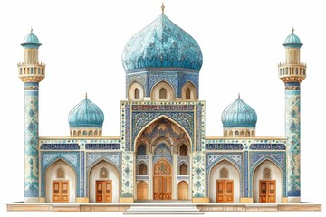 Naklejka premium Ornate mosque, blue domes, detailed facade.