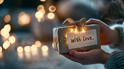 Gift Wrapped Toy in Childs Hands with Handwritten Note