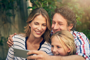 Fototapeta premium Backyard, selfie and family with child, parents and love together with social media and profile picture. Happy, smile and garden with holiday, vacation and patio with summer fun, online and app