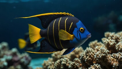 Naklejka premium Blue angelfish with golden lines swimming.