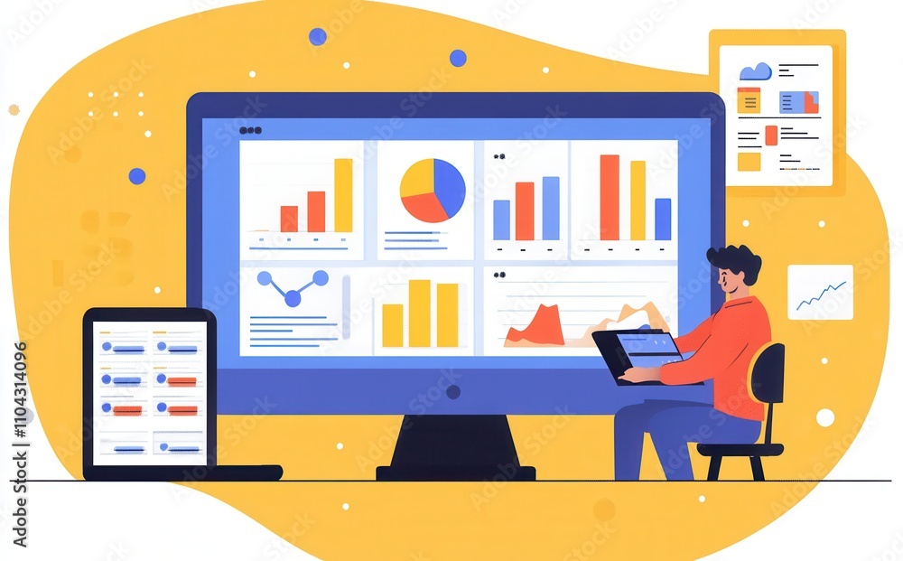 Poster using a computer and dashboard, an analyst conducts business data analysis and manages a data manage