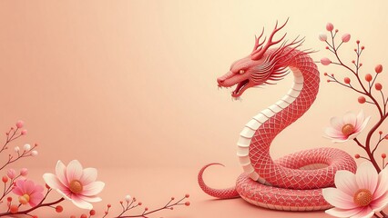 Obraz premium greeting card with a tree snake symbol Chinese calendar on a peach background with flowers, with free space for text