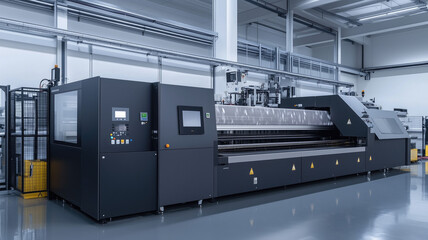 Large wide digital inkjet printing machine during production. Generative Ai.