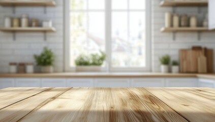 Blurred kitchen interior with wooden desk home background.