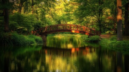 Obraz premium Serene Wooden Bridge Over Reflective Pond Surrounded by Nature
