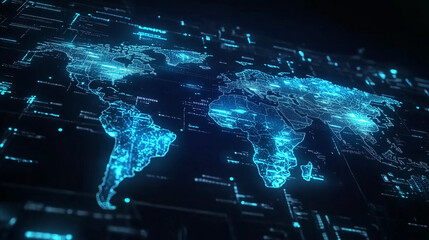A digital world map with glowing lines and dots, representing a high-tech and futuristic global network and data visualization.