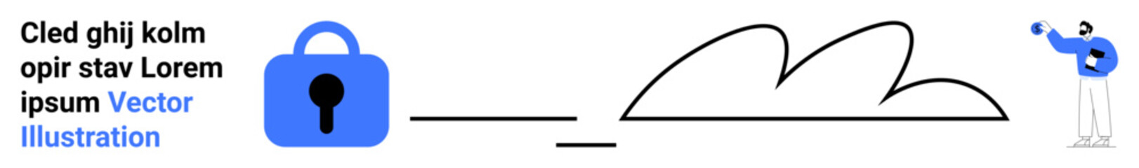 A padlock connected to a cloud by a cable, with a person holding a key. Ideal for cybersecurity, cloud storage, data protection, secure connections, online safety, network security, IT services