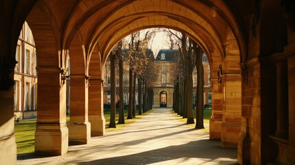 Fototapeta premium Serene Archway View Beneath Elegant Columns in Historic Architecture
