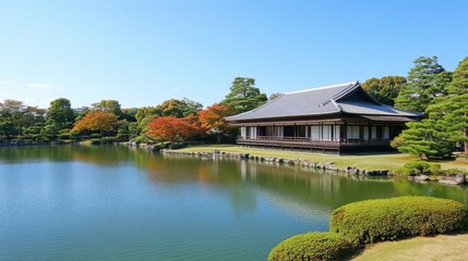 Fototapeta premium Tranquil Japanese Garden with Traditional House by Serene Pond