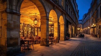 Fototapeta premium Cozy Cafe Scene on Cobblestone Street in Historic Paris at Night