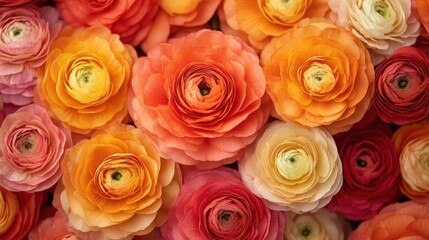 Naklejka premium A vibrant arrangement of ranunculus flowers in shades of pink, orange, and yellow, creating a cheerful and lively backdrop, Perfect for spring-themed designs, floral promotions, or greeting cards,