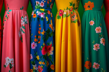 A row of colorful dresses with flowers on them