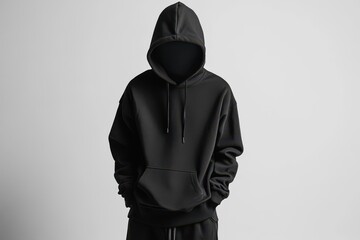 Neutral black tracksuit with hooded sweatshirt and jogger pants isolated on white background, ideal for sports branding and design