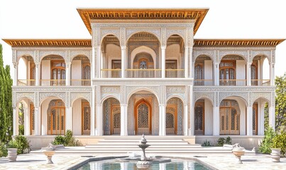 Obraz premium Ornate Persian mansion, central fountain, tranquil courtyard.