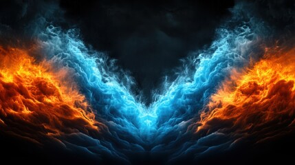 A vibrant digital artwork depicting a stunning clash of blue and orange flames against a dark background, ideal for use in posters, book covers, or as a captivating wallpaper design,
