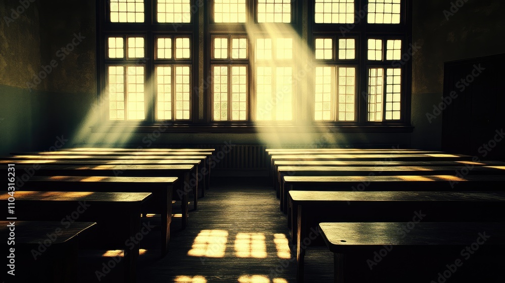 Poster sunlight streaming through windows in an abandoned classroom
