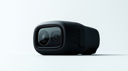 Close-up view of a sleek black dual-lens camera device with modern design on a light background