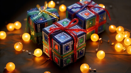 Obraz premium Three colorful festive beaded gift ornaments with fairy lights. Christmas handicraft decoration.