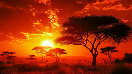 Mesmerizing african sunset with acacia trees silhouetted against vibrant orange sky