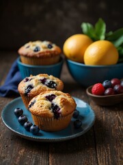 Blueberry muffins with fresh fruits and black coffee.