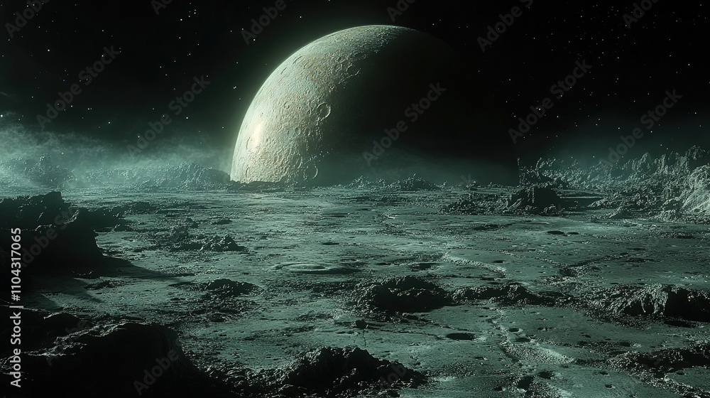 Poster lunar landscape with a distant planet visible under a starry sky in a serene and mystical atmosphere
