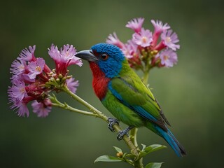 Fototapeta premium Blue-throated barbet perched on a blooming flower plant.