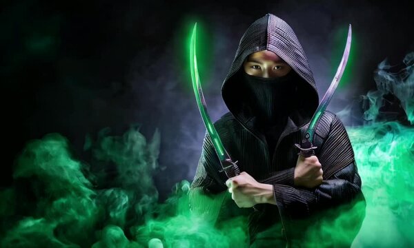 A shadowy assassin cloaked in midnight black, her hooded figure partially hidden