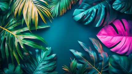 Vibrant tropical leaves framing teal background with lush green and pink foliage