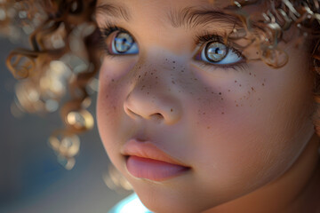 A portrait of an expressive young girl with curly hair and striking blue eyes, showcasing her innocence and curiosity.