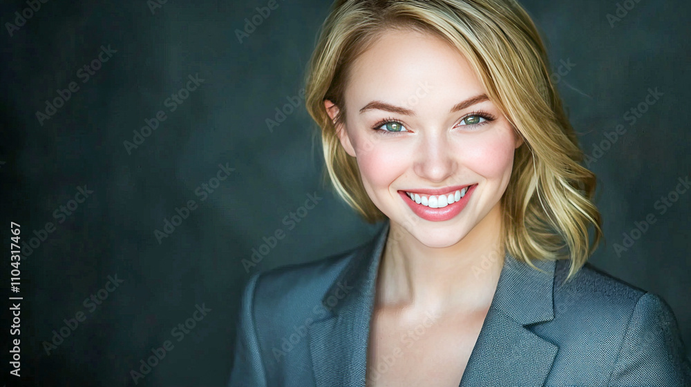 Wall mural Smiling caucasian female adult with blonde hair in grey jacket