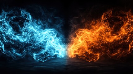 Fototapeta premium A dynamic visual representation of contrasting blue and orange fire-like elements against a dark backdrop, ideal for themes of conflict, duality, or elemental forces in art, design, and media,