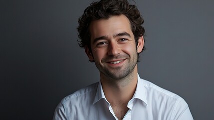 Obraz premium Happy Young Man with Curly Hair Smiling against a Gray Background