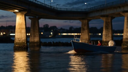 Blurred silhouette of a children's boat under a bridge at twilight.