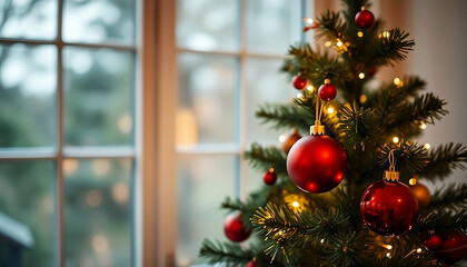 Christmas Tree by the Window: Warm, inviting image of a decorated Christmas tree with red ornaments and fairy lights, standing by a window with a blurred wintery background. Evokes feelings of peace.