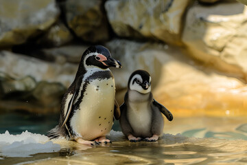 Fototapeta premium Adorable penguin pair on ice: adult and chick in natural habitat