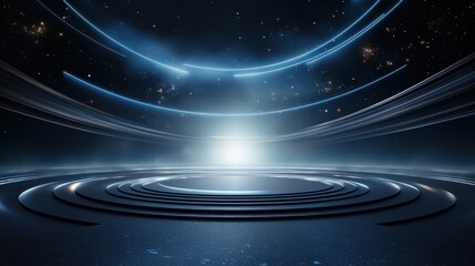 A futuristic, illuminated circular platform set against a starry background conveys a sense of innovation and space, Ideal for technology or science fiction themes in marketing, presentations