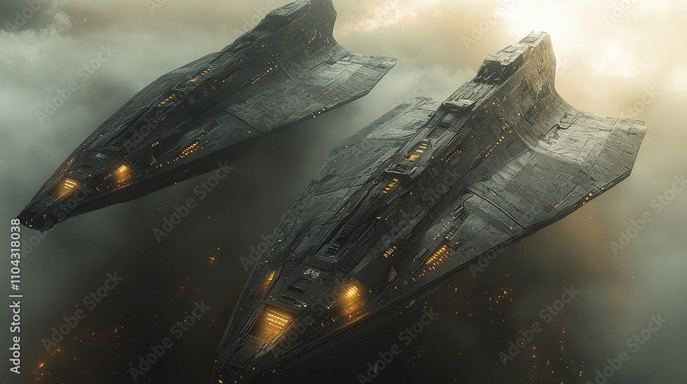 Poster futuristic spacecraft soar through clouds above a distant planet during an interstellar exploration 