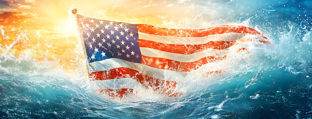 American flag in bright sunlight with ocean waves and water splashes.