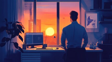 Fototapeta premium Sunset Cityscape: Contemplation at the Office Window