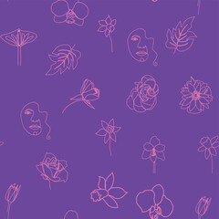 Woman face Continuous line seamless pattern. Abstract Female portrait with flowers. Drawing vector Wallpaper, fabric, wrapping paper, card, poster