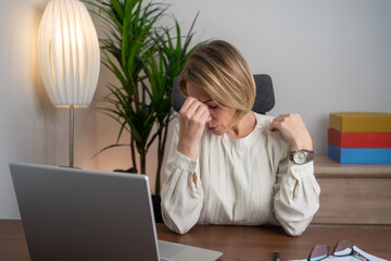 Depressed business woman. Overwhelmed businesswoman multitasking at work, dealing with stress,...