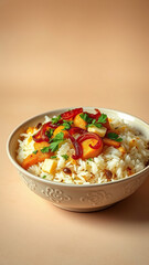 Rice with paneer butter masala served in a shallow bowl, garnished with fresh cilantro and crispy onions,  flavorful sauce,  paneer curry,  creamy paneer,  flatbread accompaniment