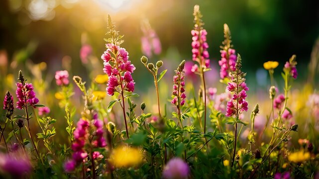 Wildflower meadow field with colorful flowers in sunlight