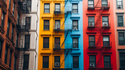 Obraz premium Vibrant row of colorful apartment buildings with fire escapes in urban setting